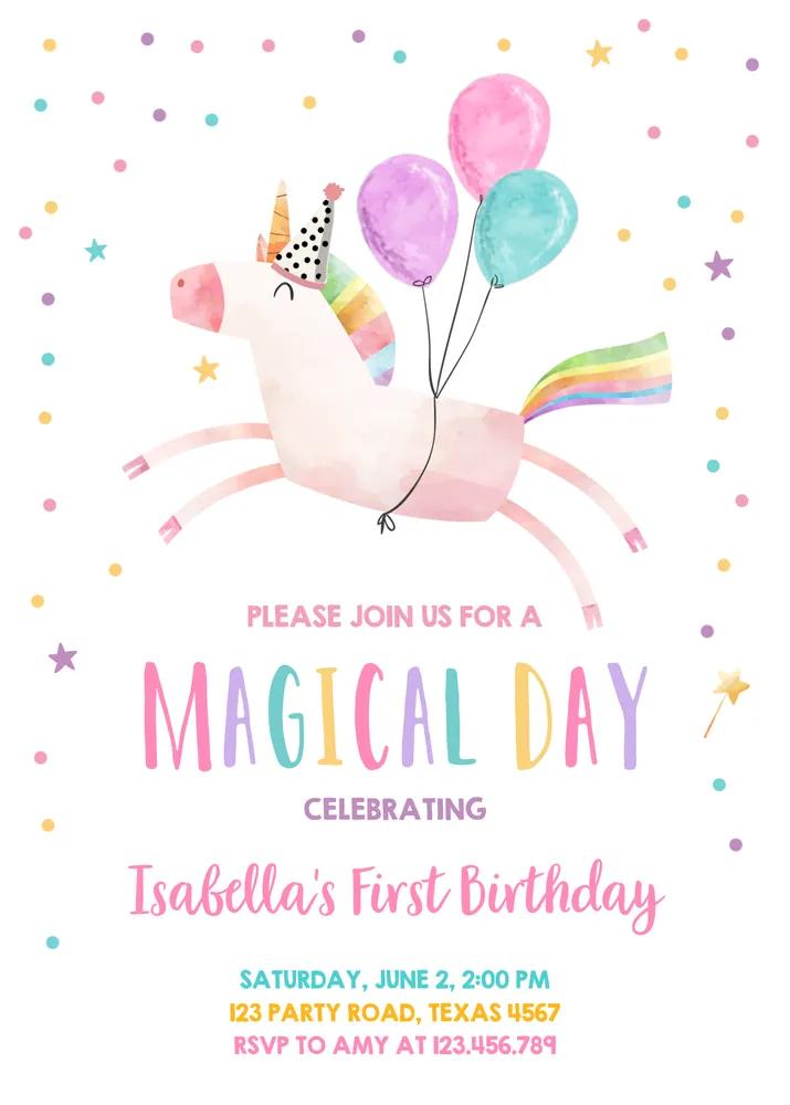 Unicorn Birthday Invitation | Editable Canva Template | Pink Girl 1st Birthday