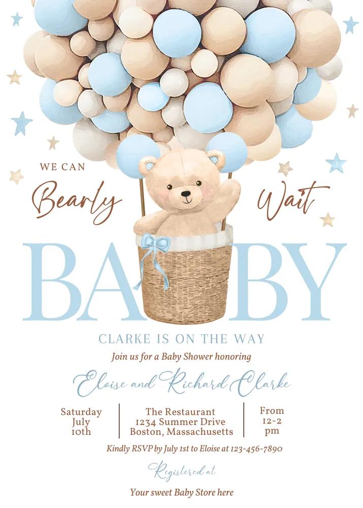 Teddy Bear Hot Air Balloon Baby Shower Invitation Boy Blue Canva Template