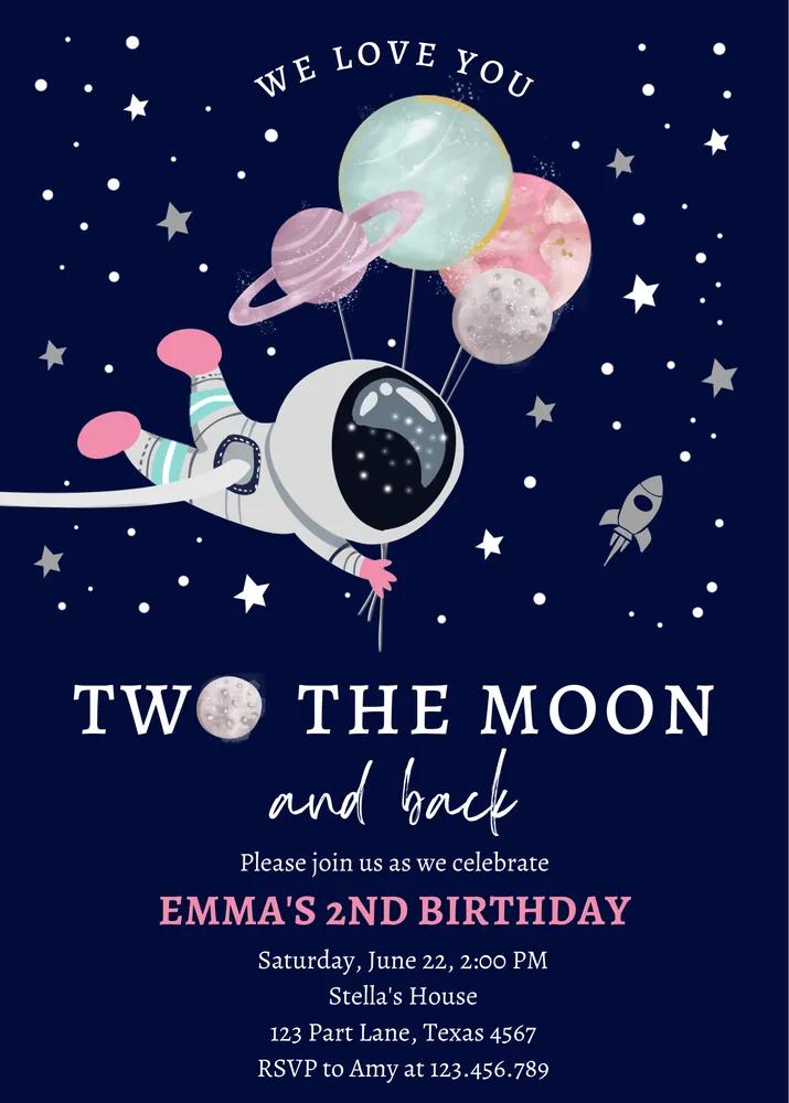 Two the Moon Girl 2nd Birthday Invitation Canva Template Blue Silver Space