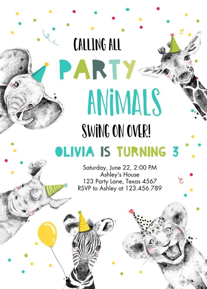 Party Animals Birthday Invitation | Editable Zoo Safari Canva Template Boy Green