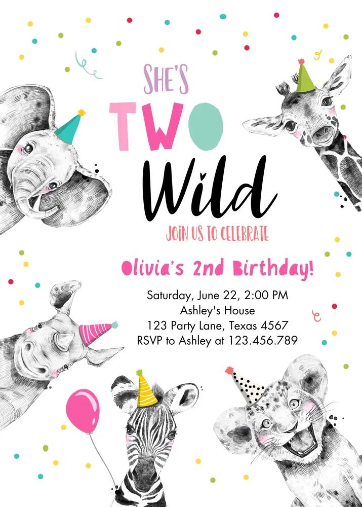 Two Wild Girl Birthday Invitation Safari Animals Pink Gold Canva Template