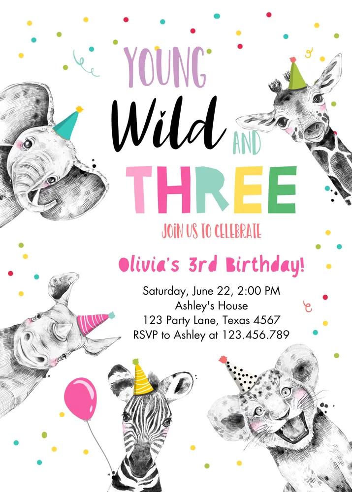 Young Wild and Three Birthday Invitation | Girl Pink Gold Safari Canva Template