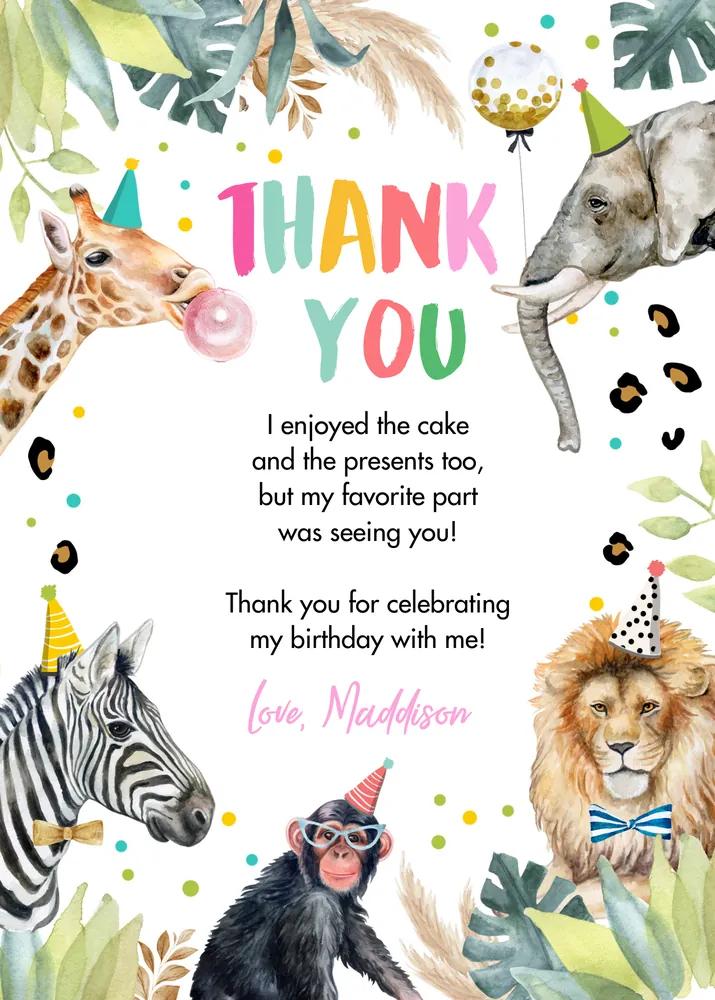 Safari Animal Thank You Card Girl Wild One Two Pink Gold Canva Template