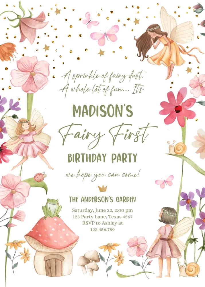 Fairy First Birthday Invitation | Editable Canva Fairy Garden Template