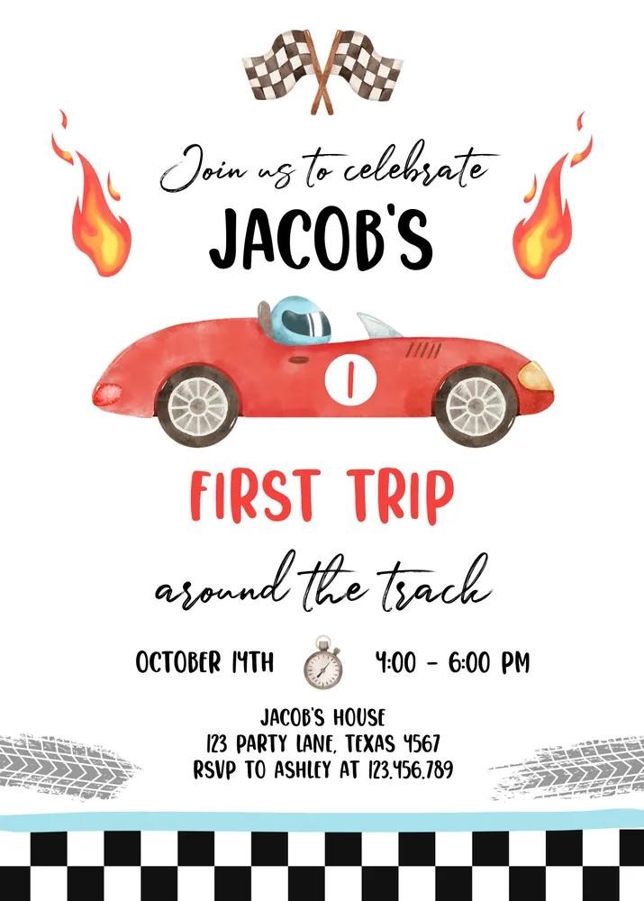 Race Car 1st Birthday Invite Canva Template First Trip Around the Track