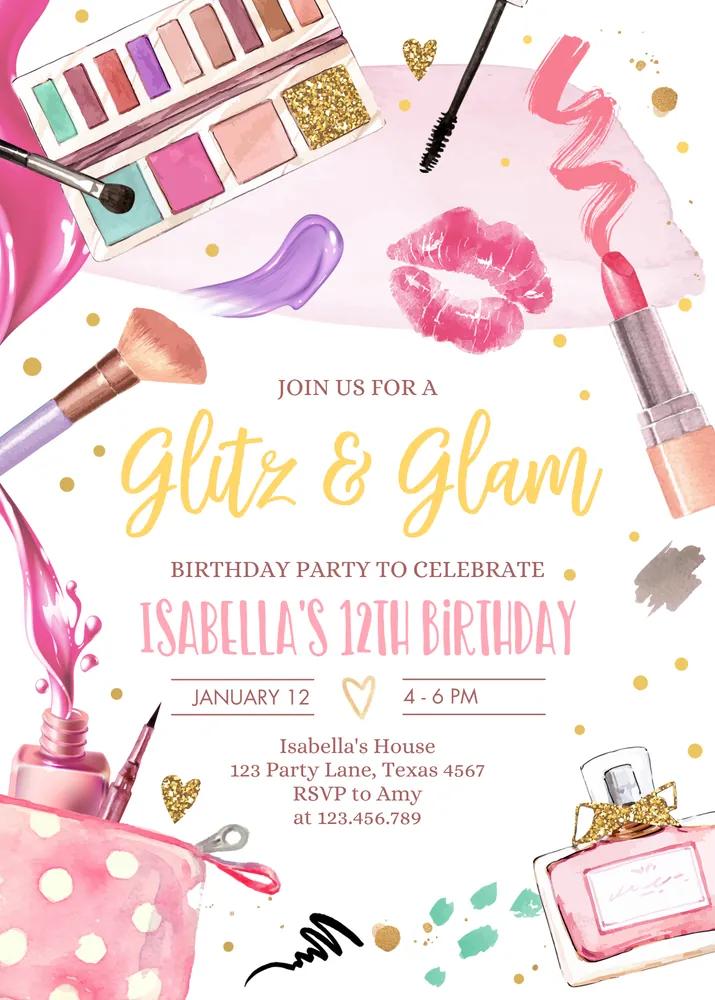 Glitz and Glam Spa Makeup Birthday Invitation Canva Template Pink Gold