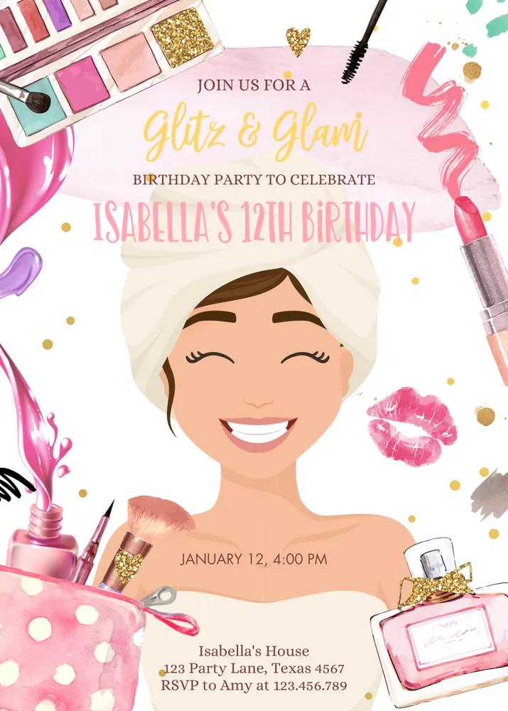 Glitz and Glam Spa Party Invitation | Pink Gold Makeup Birthday Canva Template