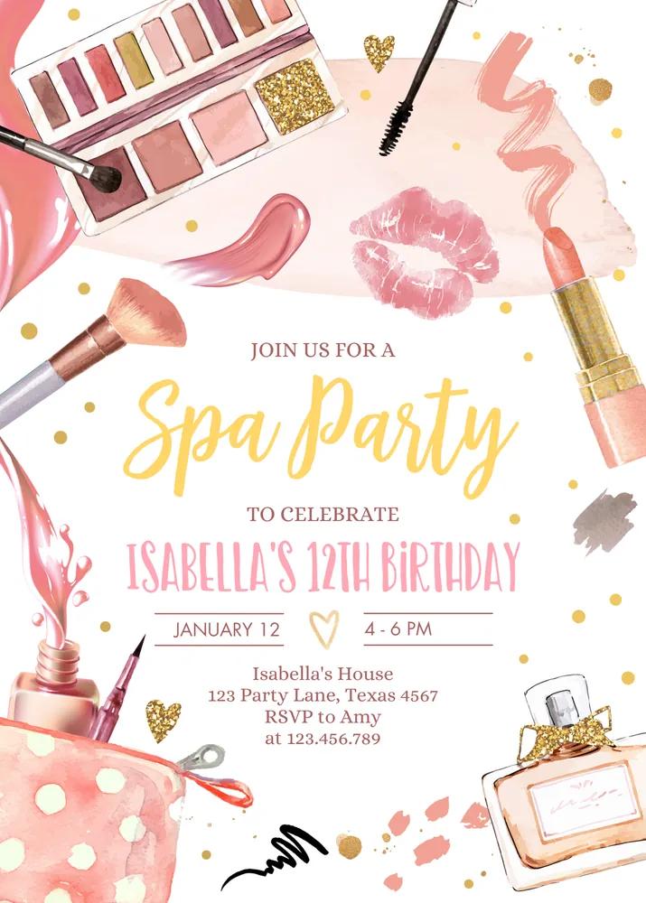 Pink Gold Spa Makeup Birthday Party Invitation | Editable Canva Template