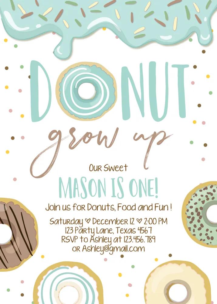 Donut Grow Up 1st Birthday Invitation Canva Template Blue Boy Doughnut Invite