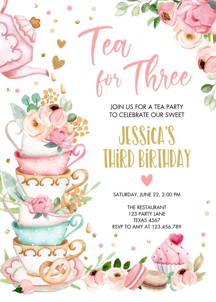 Tea for Three Birthday Invite | Pink Floral 3rd Tea Party Canva Template