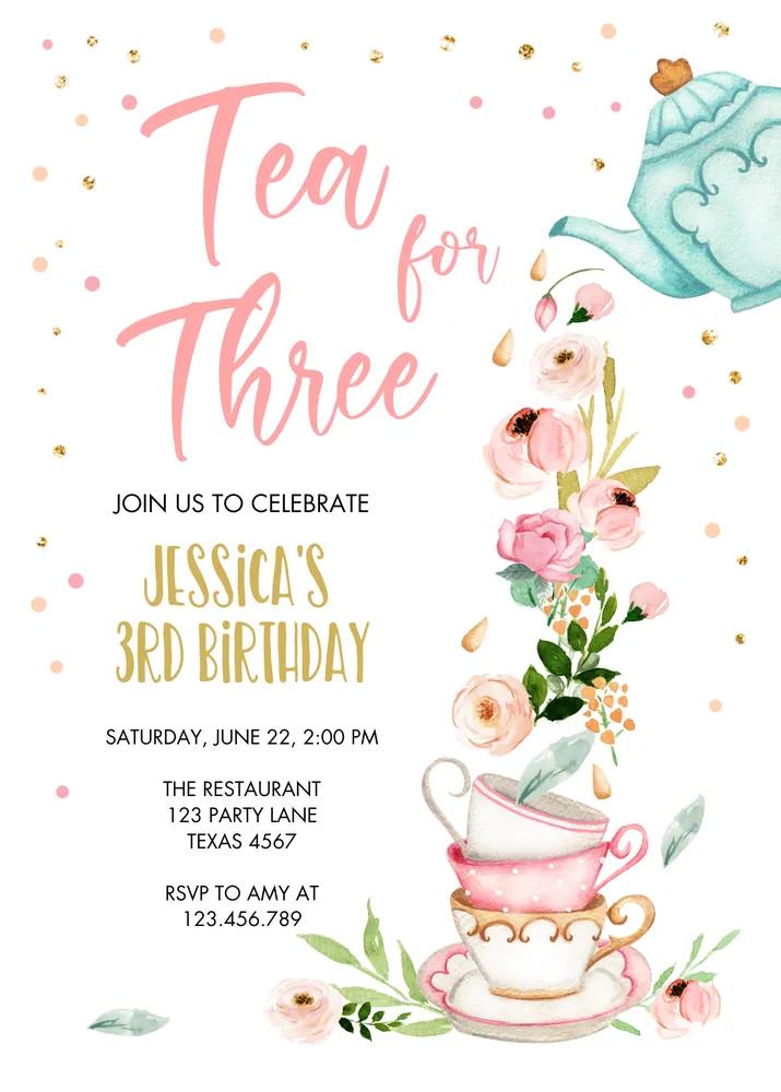 Tea for Three Birthday Party Invitation | Pink Floral 3rd Birthday Canva Template