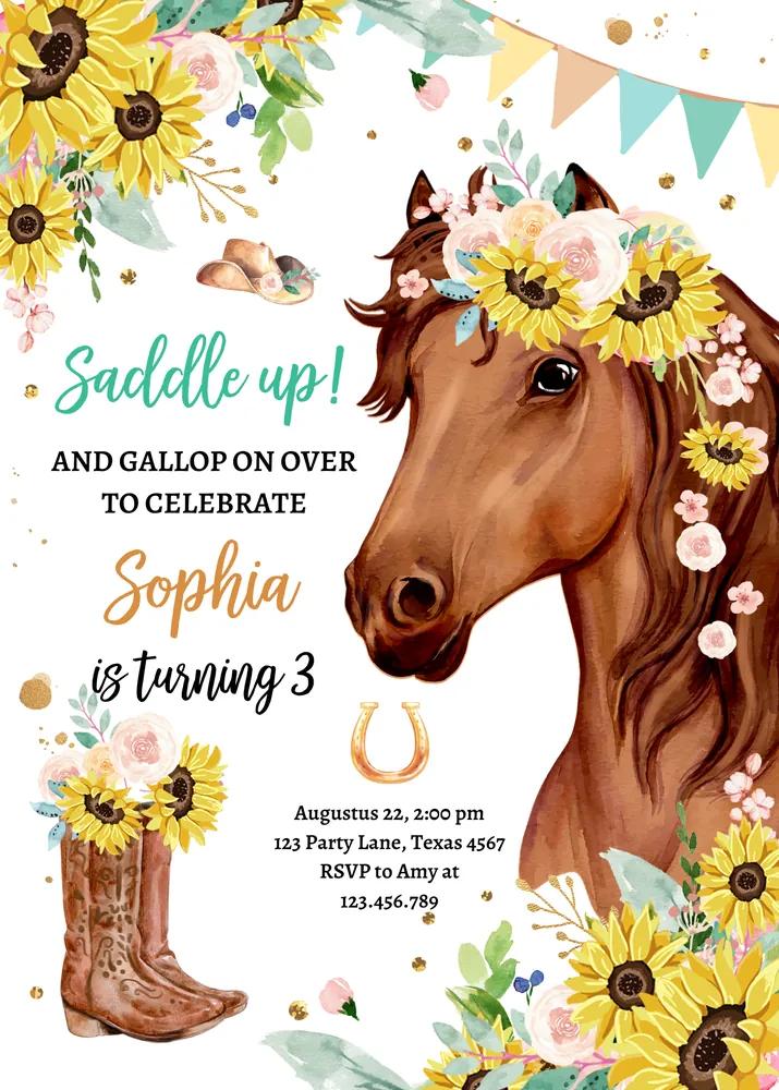 Cowgirl Birthday Invitation, Editable Horse Party Invite Canva, Saddle Up
