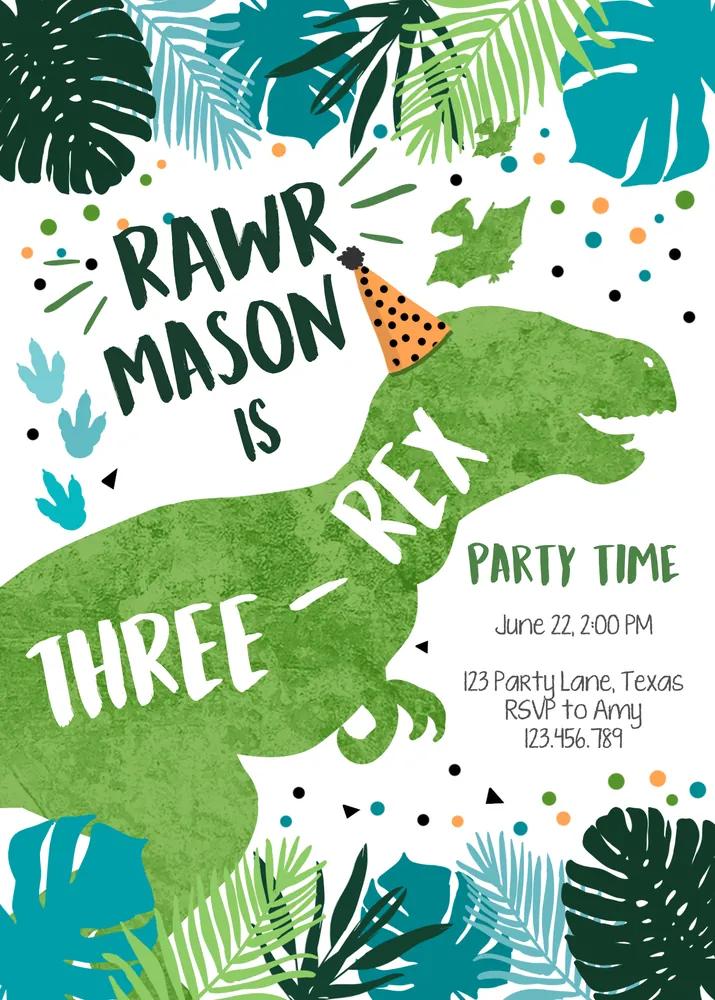 Three-Rex Dinosaur 3rd Birthday Invitation Canva Template - Boy Rawr Dino