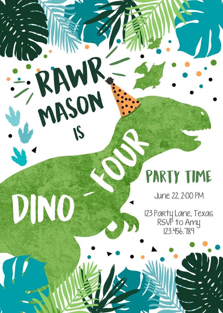 Dino-Four 4th Birthday Invitation Canva Template, Boy T-Rex Green Blue Printable