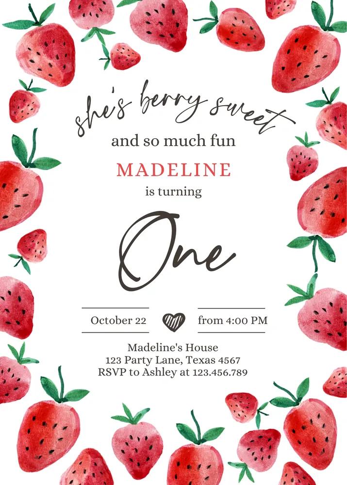 Strawberry 1st Birthday Invitation Template - Editable Berry Sweet Girl Invite