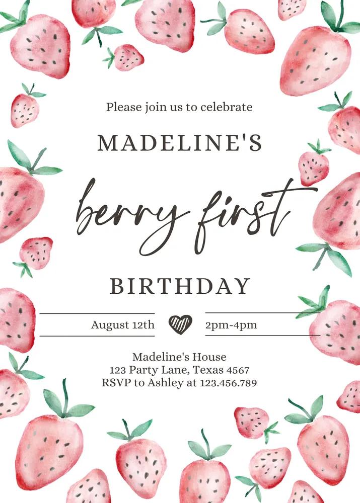 Strawberry First Birthday Invitation - Editable Canva Template Berry Sweet Girl