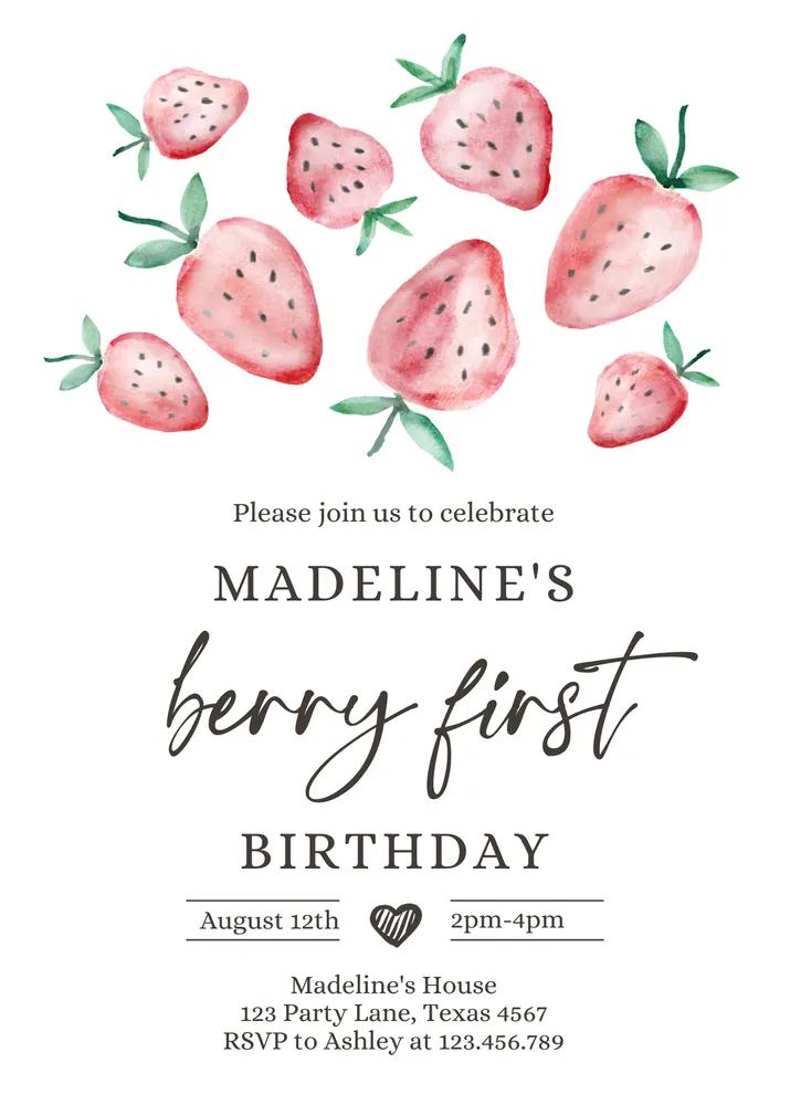 Berry Sweet First Birthday Invitation - Strawberry Canva Template