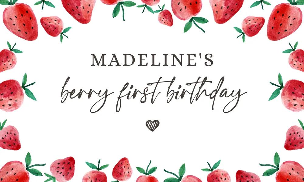 Strawberry Berry First Birthday Backdrop & Invitation Canva Template