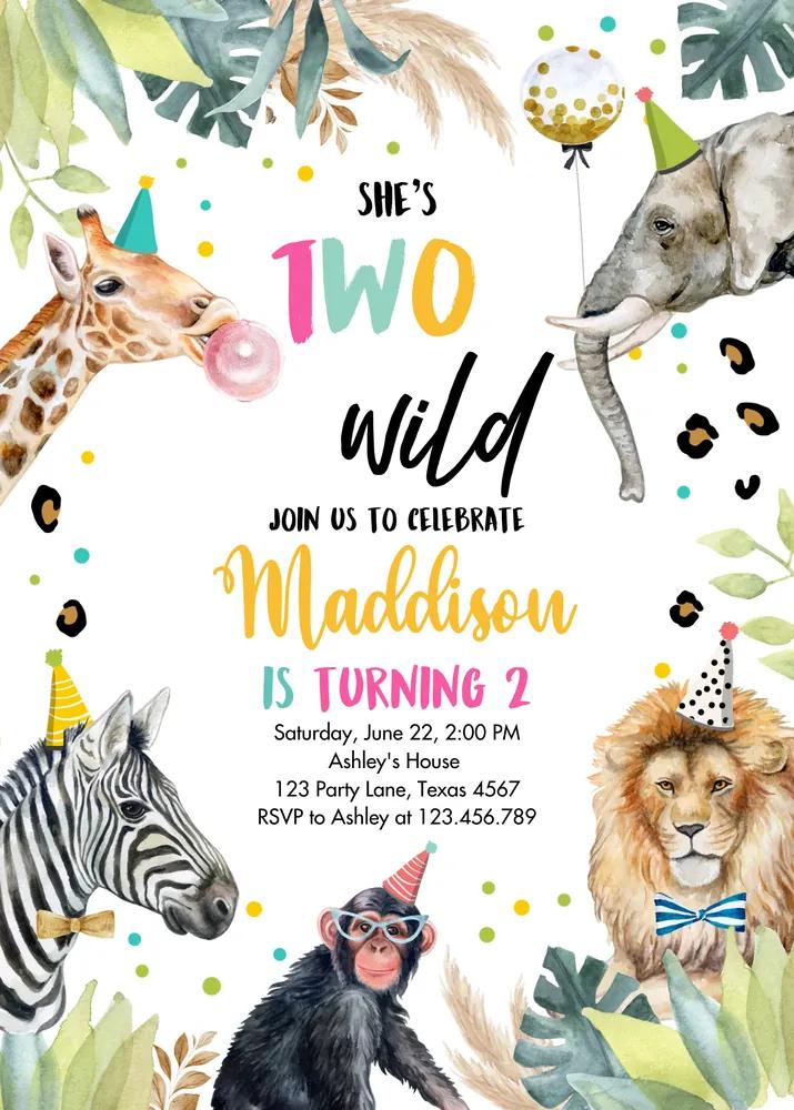 Pink Gold Two Wild Safari Birthday Invitation Template, Girl 2nd Zoo Party