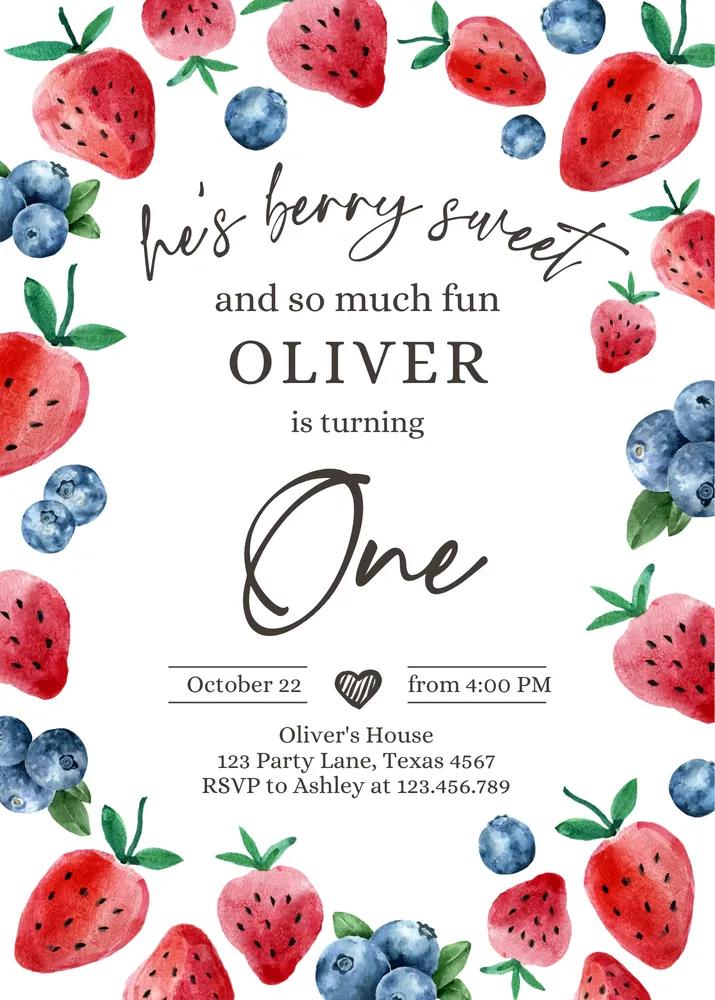 Berry Sweet Birthday Invitation Canva Template Twin Blueberry Strawberry Picking
