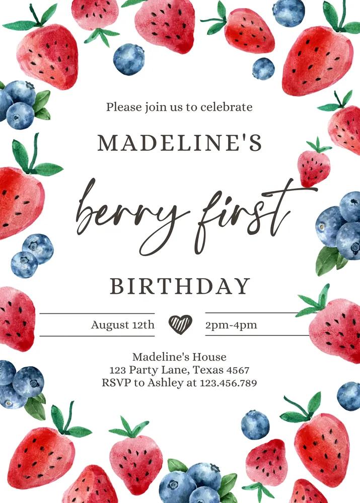 Berry Sweet Birthday Invite | Blueberry Strawberry Picking Canva Template
