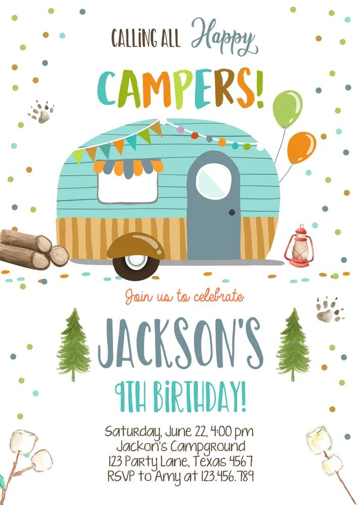 Happy Camper Birthday Invitation | Boys Camping Smore Editable Canva Template