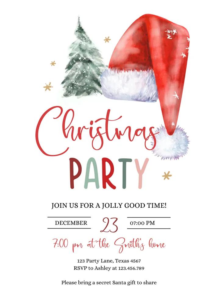 Christmas Party Invitation Template | Santa Hat & Tree Holiday Invite Canva