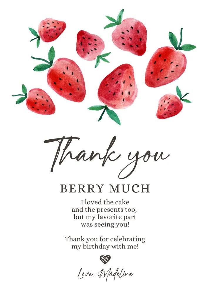 Strawberry First Birthday Thank You Card - Editable Canva Template