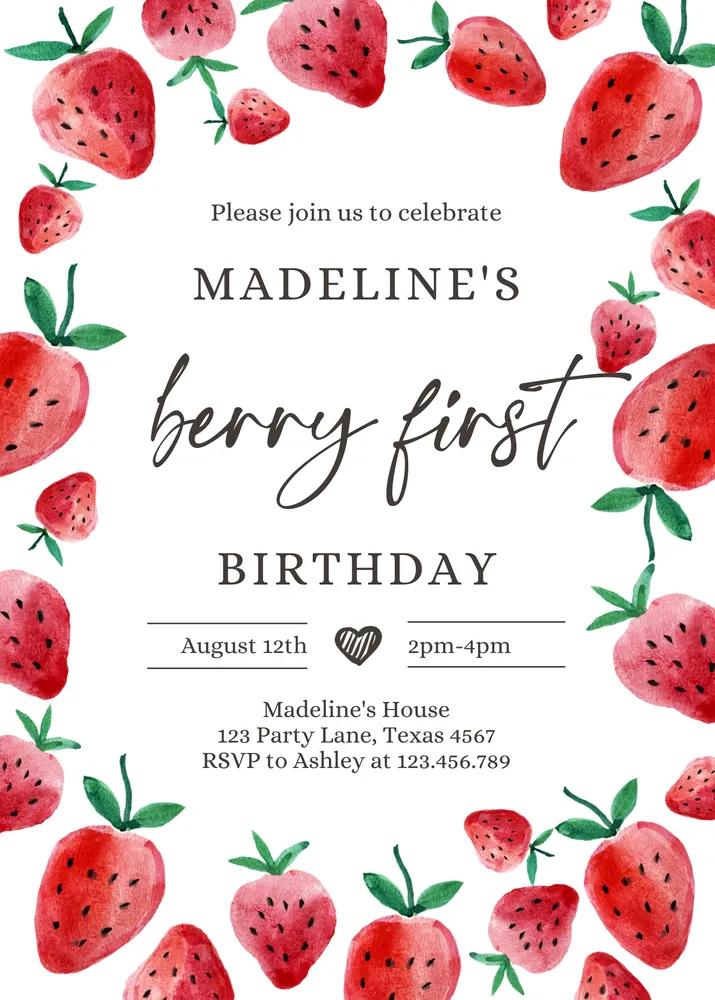 Strawberry 1st Birthday Invitation | Berry Sweet Girl Canva Template Printable