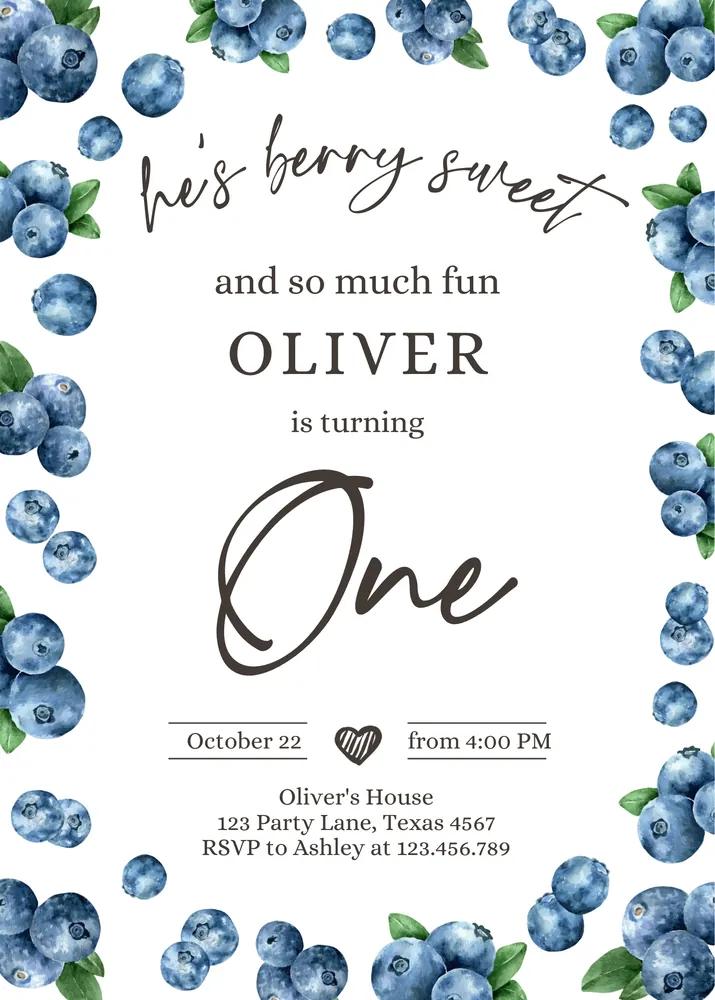 Blueberry 1st Birthday Invitation Template, Berry Sweet Boy First Birthday Canva