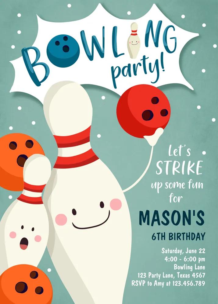 Bowling Birthday Invitation Boy Strike Up Some Fun Canva Template Blue Orange