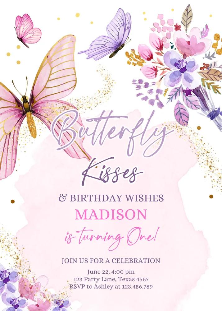 Butterfly 1st Birthday Invitation Template, Floral Pink Girl Party Invite Canva