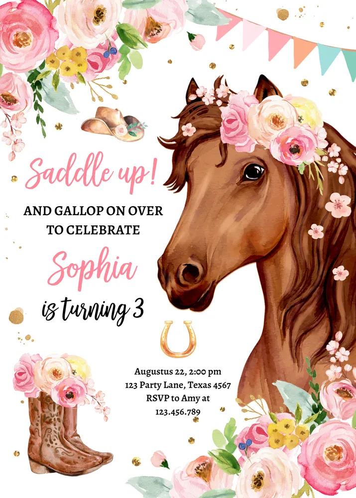 Horse Birthday Invitation - Pink Floral Cowgirl Canva Template Saddle Up Invite