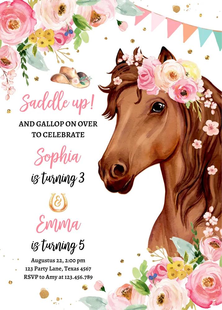 Horse Birthday Invitation Cowgirl Sibling Saddle Up Party Canva Template