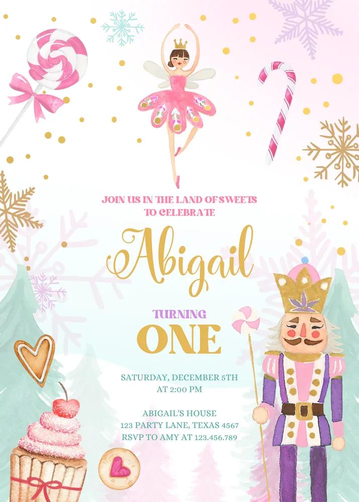 Nutcracker Birthday Invitation Pink Land of Sweets Sugar Plum Fairy Canva Template