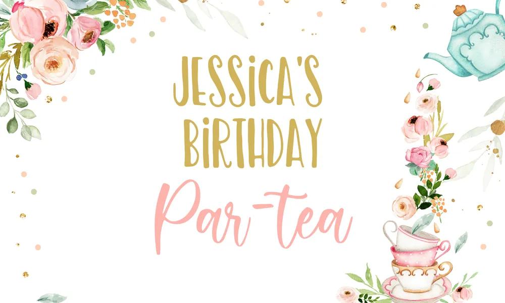 Tea for Two Birthday Backdrop & Invite - Pink Gold Floral Canva Template