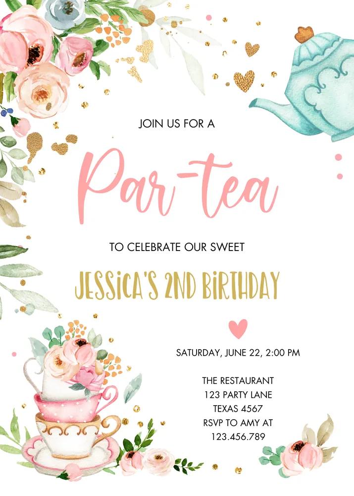 Tea Party Birthday Invitation | Pink Floral Whimsical Canva Template | Editable