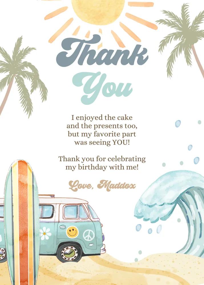 Surfboard 1st Birthday Thank You Card Retro Surf Boy Canva Template