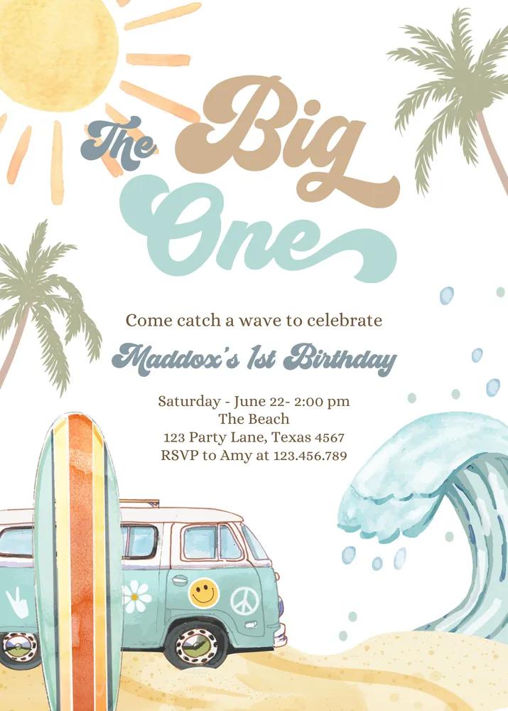 The Big One Surf 1st Birthday Invitation | Retro Boho Canva Template