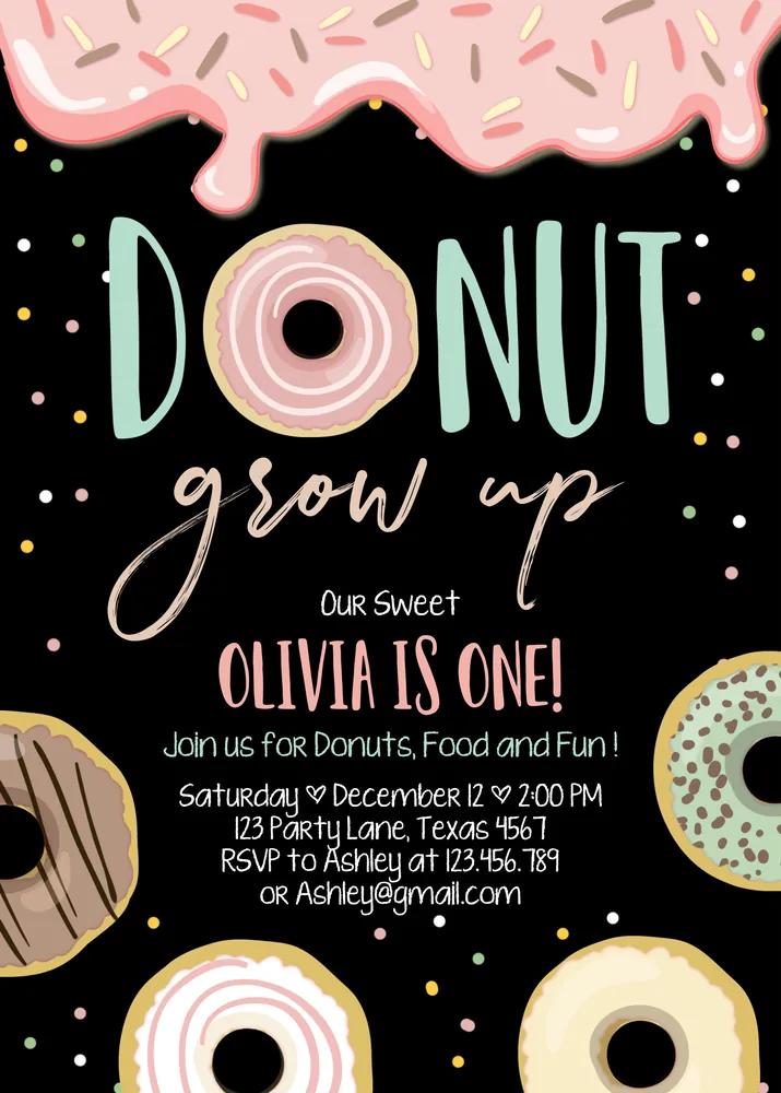 Donut Grow Up 1st Birthday Invitation | Pink Girl Canva Template Printable