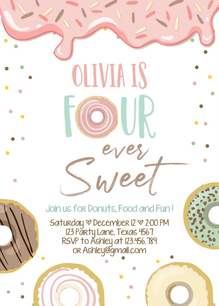 Donut Four Ever 4th Birthday Invitation | Editable Canva Girl Doughnut Invite