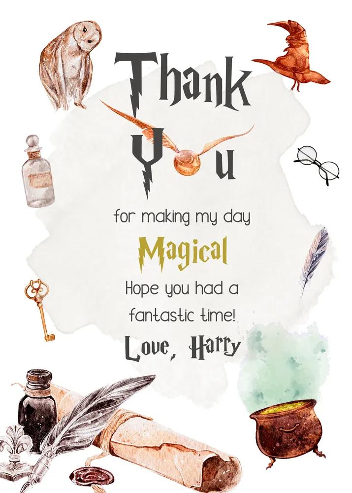 Wizard Birthday Thank You Card Template - Editable Canva Magical Celebration