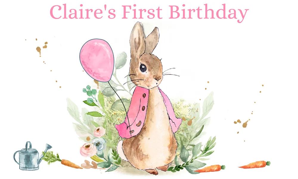 Flopsy Bunny Birthday Backdrop Template - Pink Floral Peter Rabbit Banner