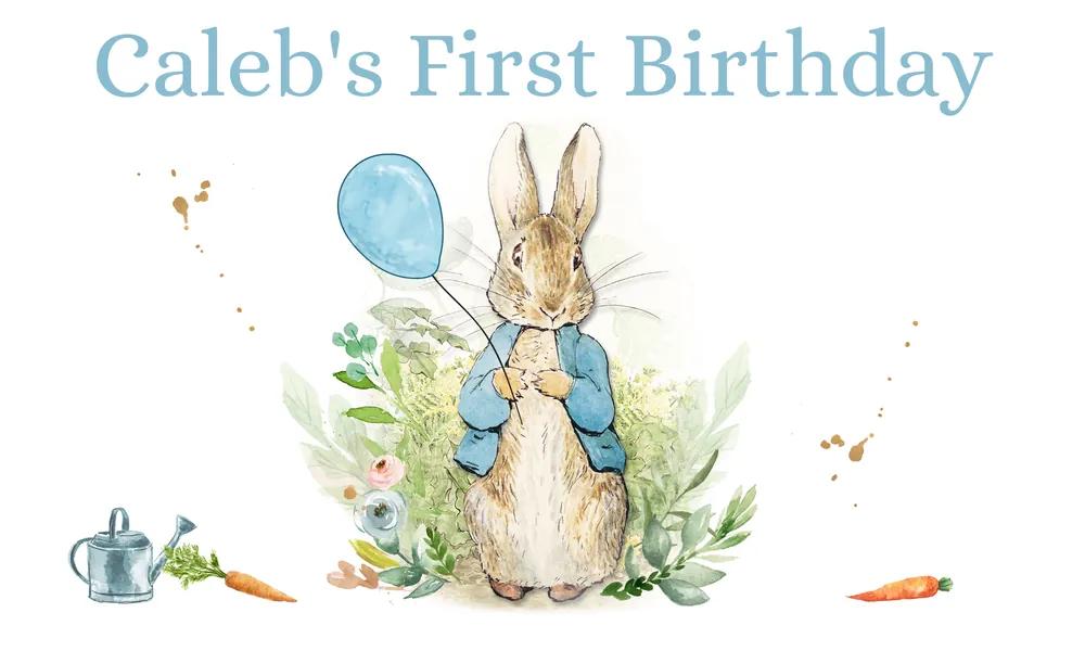 Peter Rabbit Birthday Backdrop Banner Canva Template Blue Bunny Instant Download