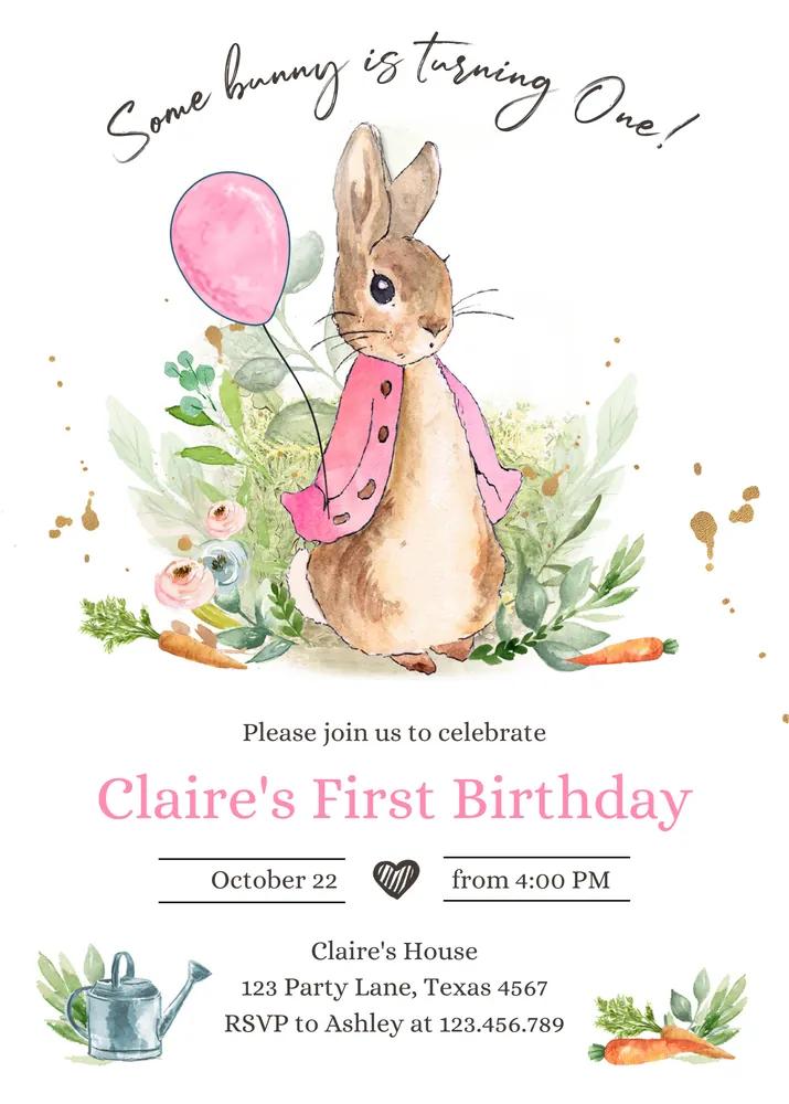 Flopsy Bunny 1st Birthday Invitation, Pink Rustic Peter Rabbit Canva Template