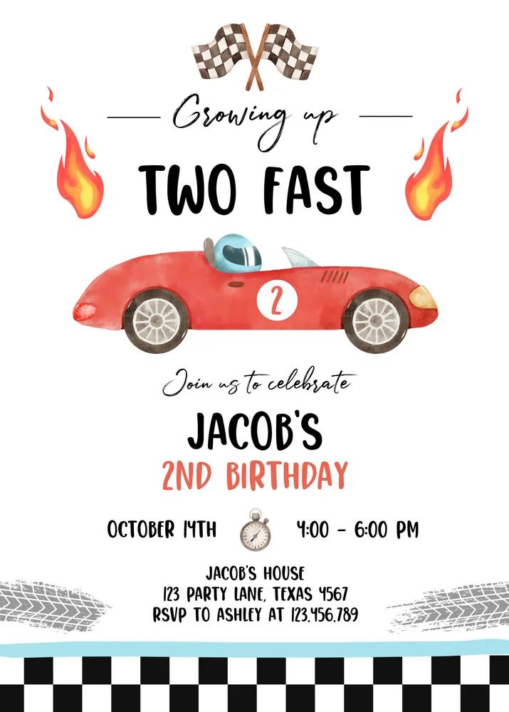 Two Fast Racing Car 2nd Birthday Invitation Canva Template Red Boy