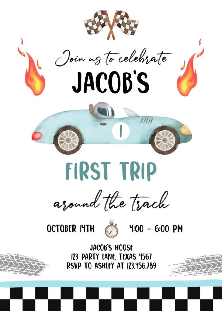 Race Car 1st Birthday Invitation | First Trip Around the Track Canva Template