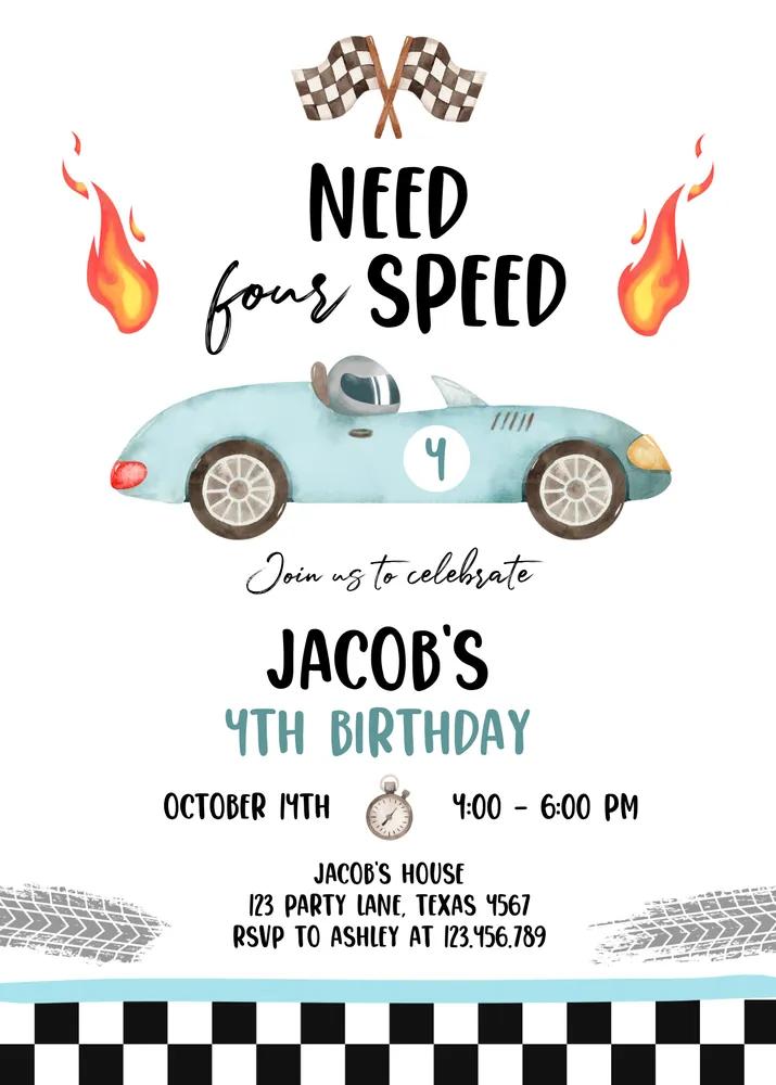 Racing Car 4th Birthday Invitation | Need Four Speed Canva Template Digital