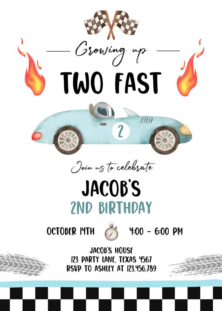 Racing Car 2nd Birthday Invitation, Two Fast Editable Canva Template Download