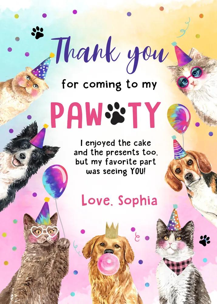 Editable Cats and Dogs Birthday Invitation - Pawty Thank You Card Canva Template